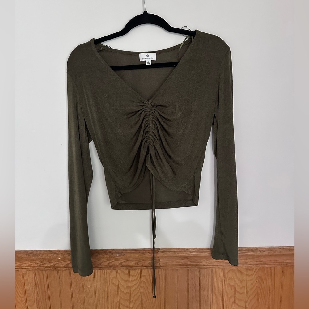 Olive Drawstring Ruched Long-Sleeve crop Top